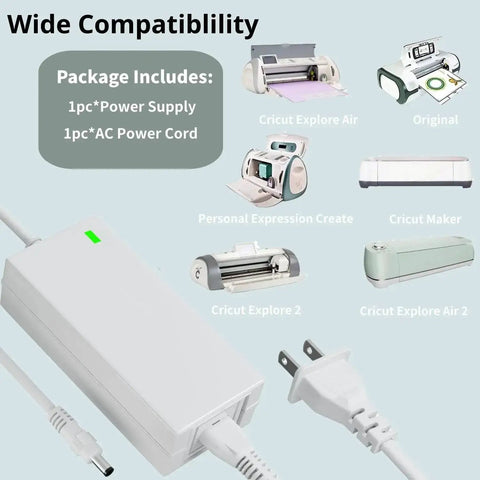 Replacement 18V Power Cord For Cricut Cutting Machines White AC DC Power Adapter Your Go To Power Solution For Explore Air 2 Maker Expression 2 Explore One And Other Explore Models with compatibility images.