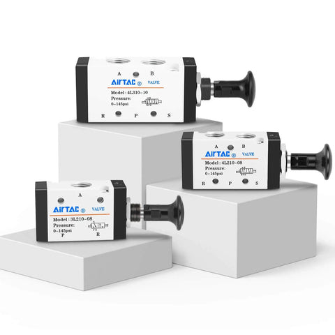 Manual Push-Pull 3-Way Valve With Hand Lever, 2 Position, 1/4 Inch NPT Pneumatic Control shown in a display setup