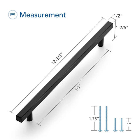 Measurement details for Matte Black 10 Inch Square Cabinet Pulls, 5 Pack, 12-1/2 Inch Overall Length, modern hardware