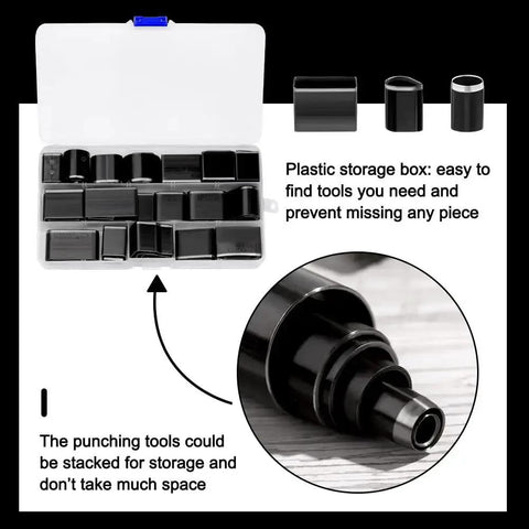52 Shapes Leather Hole Punch Tool Set with Cutter and Carving Hammer shown in storage box with punches for crafting projects.