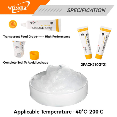 Wissxna silicone grease, food-grade lubricant, 2×10 g tubes with yellow caps, white grease tub; for valves and O-rings