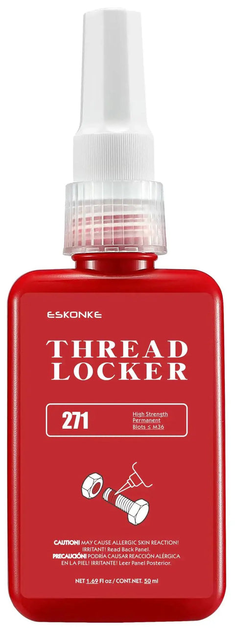Red bottle of 2 Pack Thread Locker Blue 243 Medium And Red 271 High Strength Pro Grade Metal Sealant for bolts, nuts, and fasteners.