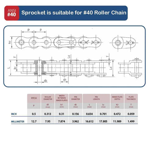 Technical diagram for Hardened 10 Tooth Roller Chain Sprocket showing dimensions for ANSI #40 roller chain compatibility.