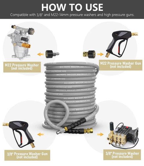 NAVOHEVEN 50ft 4000 PSI gray high-pressure washer hose with 3/8-inch quick-connect and M22 fittings