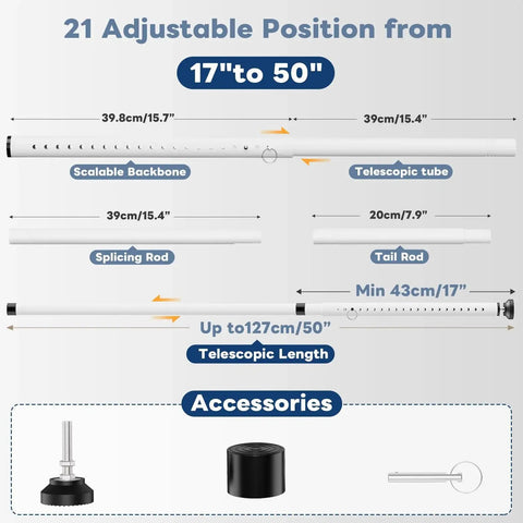 Heavy Duty Sliding Door Security Bar 17 To 50 Inch Adjustable With Rubber Tips For Windows, Home, Apartment And Travel Use, Built From Solid Steel Tube For Maximum Security, White Finish, showing adjustable parts and accessories.