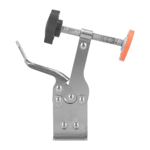 Side view of a stainless steel toggle clamp with antislip rubber tips, suitable for woodworking and cabinet installations.