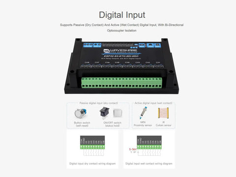 8 Channel ESP32 S3 WiFi Relay Module With Onboard RS485 Digital Inputs Relay Outputs Ethernet Port And Multiple Isolation Protection Circuits for industrial automation, showcasing digital inputs and wiring diagrams.