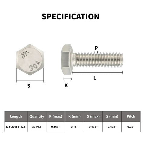 Heavy Duty 1/4-20 x 1-1/2 Inch Hex Head Bolts Made from Top-Notch 304 Stainless Steel 18-8 Material specifications chart