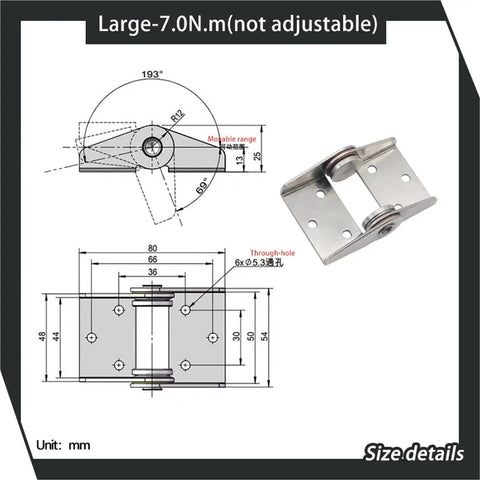 304 stainless steel torque-damping cabinet hinge, large 7.0 N·m, non-adjustable, 1 pc