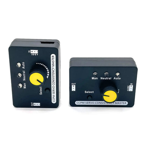 Two CCPM servo tester units with yellow dial for RC airplanes; blue cases shown from front and side.