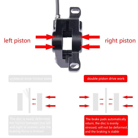 Front view of black aluminum MTB hydraulic disc brake caliper with dual pistons