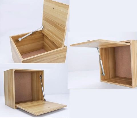Soft Close Toy Box Lid Hinge and Gas Spring Support 270mm 100N 2 Pack installed on wooden boxes demonstrating slow descent