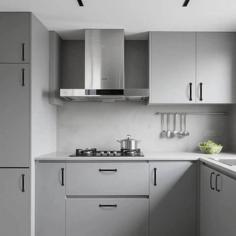 Modern kitchen with 5 Inch Hole Centers Black Zinc Alloy Cabinet Handles 30 Pack on grey cabinets, enhancing style and durability.