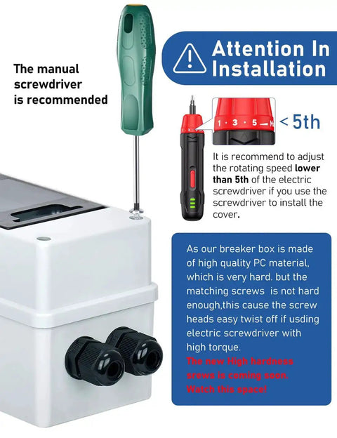 Beefy IP65 DIN Box Solar Circuit Breaker installation guide with manual screwdriver recommendation and adjustment instructions.