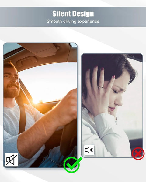 Silent design driving experience with happy driver and annoyed passenger in car highlighting noise reduction