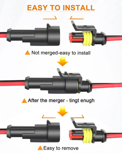 NAOEVO 2-pin waterproof automotive connector set, 16 AWG two-wire with heat shrink tubing, male and female plugs