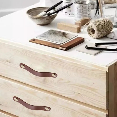 Wooden drawer with 10 Pack Soft Genuine Leather Drawer Pulls Handles 5-1/2 Inch By 1 Inch With Screws installed