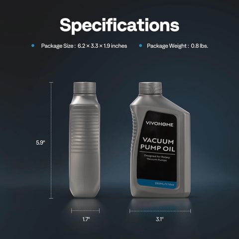 Two VIVOHOME vacuum pump oil bottles, 330 ml each; front and side views, gray plastic containers.