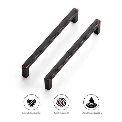 Solid 5 Inch Center To Center Slim Square Bar Drawer Handles With Oil Rubbed Bronze Finish showing scratch resistance and coating features.