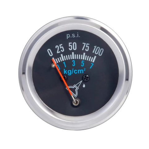7-153 Precision Mechanical Oil Pressure Gauge Kit, front view of chrome and black gauge with psi and kg/cm² readings