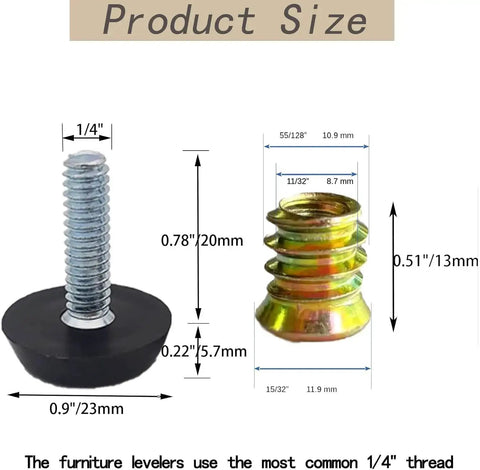 16 Pack Adjustable Wood Furniture Levelers With One Quarter Inch Twenty Thread Inserts, screw on feet, product size dimensions displayed