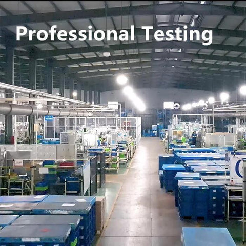 Factory interior showcasing production lines and equipment, labeled 'Professional Testing'