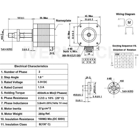Technical diagram of Beefy Torque NEMA 17 Stepper Motor with Integrated 100mm TR8x8 Lead Screw for Z Axis, showing dimensions and specs.
