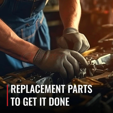 Mechanic wearing gloves working on vehicle parts, emphasizing replacement parts, in a workshop setting.