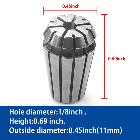 ER11 Collet Set 7Pc Spring Collet Set For CNC Engraving Machine And Milling Lathe Tool, 1/8 inch size, close-up with measurements.