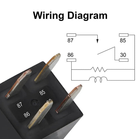 Wiring diagram and close-up of 2 Pack 12V DC Automotive Relay Kit 20A SPST 4 Pin High Temp 125C for Polaris RZR Slingshot