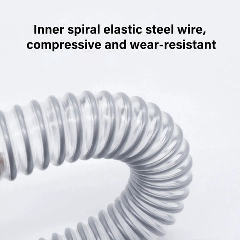 Close-up of inner spiral elastic steel wire in pack of 2 flexible lower vacuum hose replacement parts for home cleaners, ABS rubber composite.