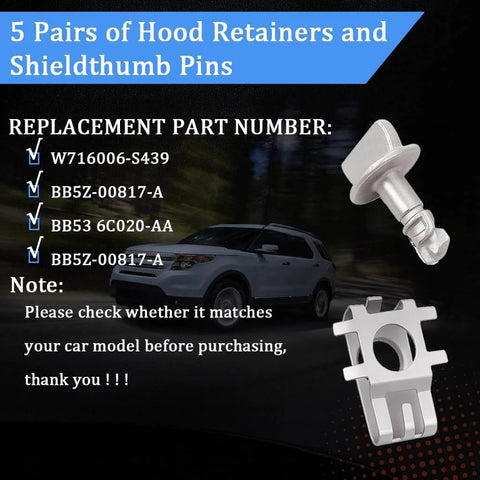 Five Pairs Engine Cover Retainers And Shield Thumb Pins With Screws And Nuts Replacement Clips That Drop In And Fit Ford F150 Edge And Explorer W716006S439 BB5Z00817A shown with part numbers