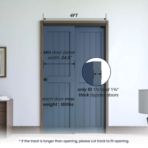 48 Inch Ceiling Mount Bypass Sliding Door Hardware Kit For Cabinet And Closet, Double Pocket Doors, Black Aluminum Alloy