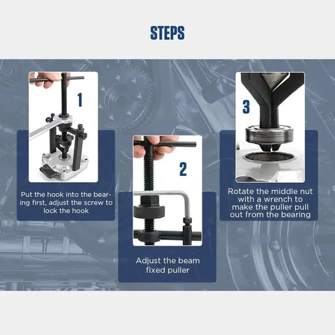 Instructions for Three Jaw Bearing Puller Tool Kit showing step-by-step guide on using the puller with pilot and blind bearings.