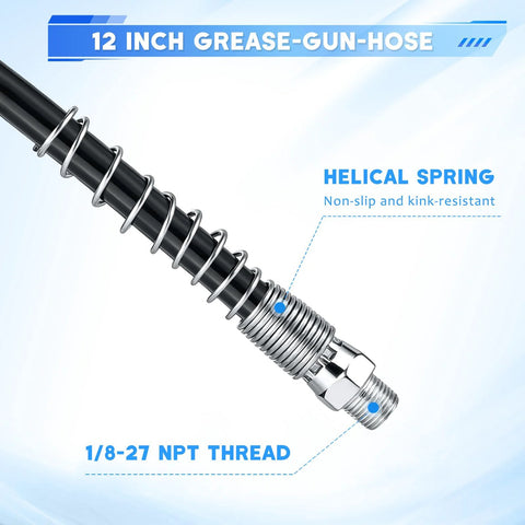 Amazon grease gun fittings kit with 12-inch hose, 1/8-27 NPT thread, 90° coupler, and two needle nozzle tips