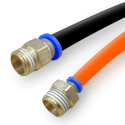Push-to-connect pneumatic fittings, brass with blue collars for 4–12 mm tubes, 1/4" G thread; two fittings on black and orange tubes.