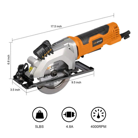 Powerful Corded Mini Circular Saw With Laser Guide Extbtfor, 580W 4.8A Motor, 4000 RPM, 3 Pack 4-1/2 Inch Blades