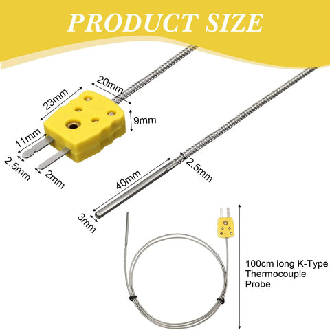 K-type thermocouple probe with stainless braided cable and yellow mini connector, 100 cm length, 0–500°C, 3 pcs