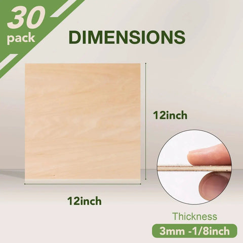 30 Pack Basswood Sheets One Eighth Inch Thick For Laser Cutting And Diy Crafts Unfinished Wood For Ornaments Engraving And Architectural Models In Sizes 12x12 12x16 And 12x18 Inches showing sheet dimension and thickness