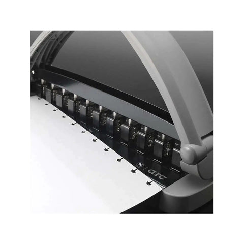 Arc Desktop Paper Punch for Disc Bound Systems 8 Sheet Capacity black and gray adjustable desktop hole punch showing punch mechanism.