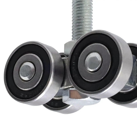 Four Wheel Trolley Assembly for Box Rail Hanger System with Silent Stable Rollers and M12 Bolts, close-up view