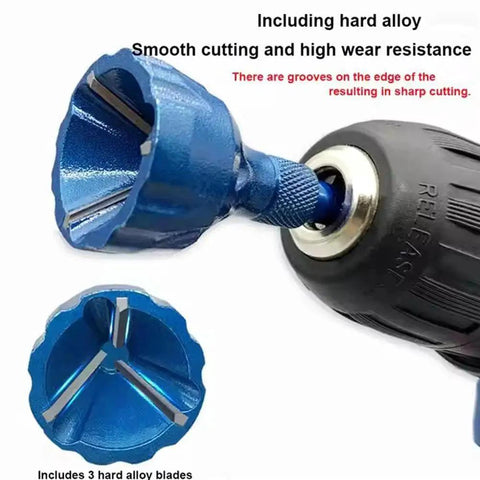 Focus on Titanium Coated Countersink Chamfer Tool Set With 90 Degree High Speed Steel Bits For Wood Metal Plastic And PVC Deburring Chamfering Pro Grade Countersink Drill Bits For Precise, Smooth Finish And Long Bit Life attached to a drill.