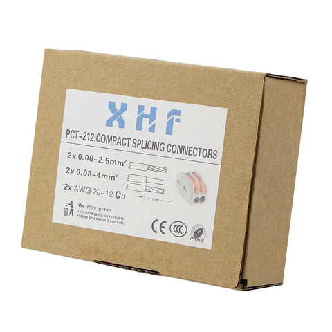 Box of 100 Pack Lever Nut Wire Connectors 2 Conductor Quick Connect Terminals 28 12 AWG with product label visible