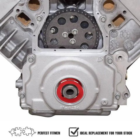Pro Grade LS Timing Cover Alignment Tool Kit installed on GM LS Series engine, showing red billet aluminum seal installer