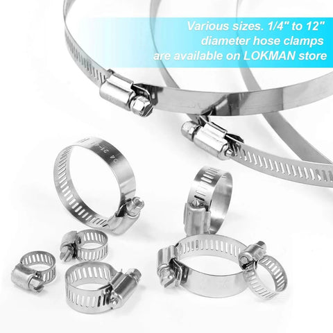 10 Pack 3 Inch Stainless Steel Hose Clamps Worm Gear Duct Clamps Adjustable From 3 Inch To 3 Point 5 Inch 75 To 90mm Premium 304 Stainless Steel Durable Rust Resistant For Dryer Vent Hose And Fuel Line in various sizes displayed on a white background.
