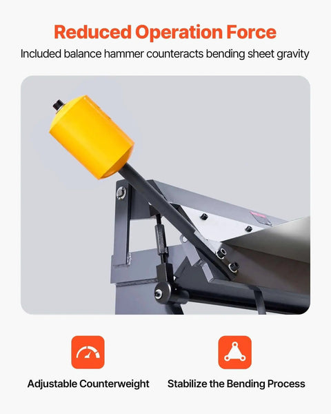 Box And Pan Brake 36 Inch Sheet Metal Bending Tool with balance hammer for reduced force, showing adjustable counterweight feature