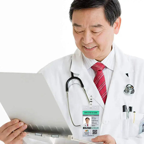Doctor wearing ID badge made with Hand Held Slot Punch Tool Kit With 10 Metal Badge Clips And PVC Straps for clean card holes