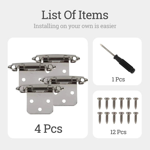 Chrome steel cabinet hinges, 4 pcs, with 12 screws and 1 screwdriver for recessed 1/2 in overlay doors.