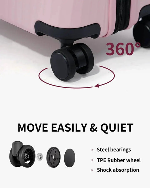 Close-up of spinner wheels on Expandable Hardside Carry-On Luggage From ECOHUB, Recycled Polycarbonate 24 Inch Pink Rolling Suitcase