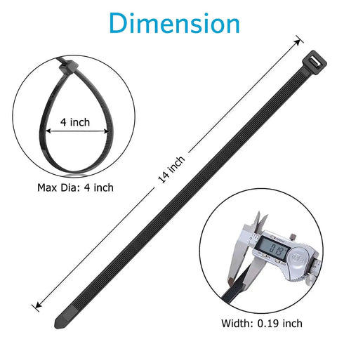 Diagram of Heavy Duty 14 Inch Zip Ties 100 Pack Black Nylon Cable Ties With 50Lb Tensile Strength UV Resistant For Indoor And Outdoor Use